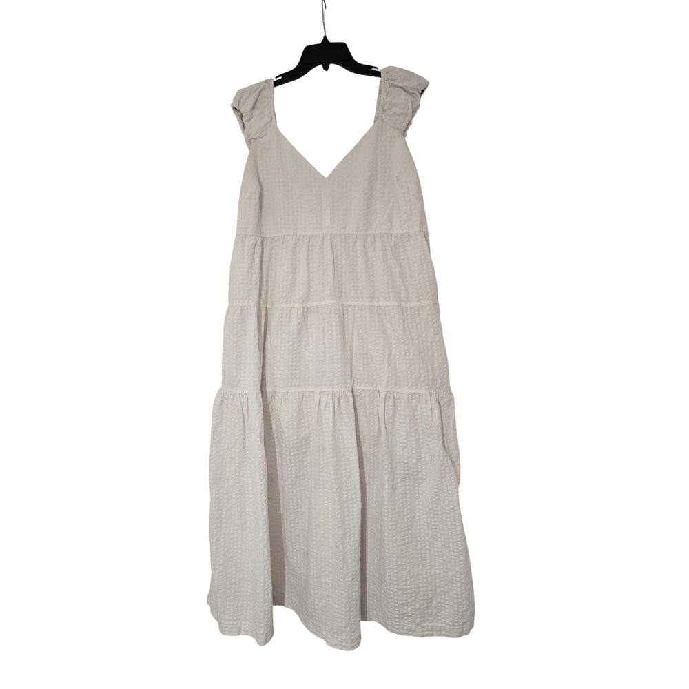 Old Navy White Seersucker Tiered Maxi Dress XL Sleeveless Ruffle Pocket Tie Back